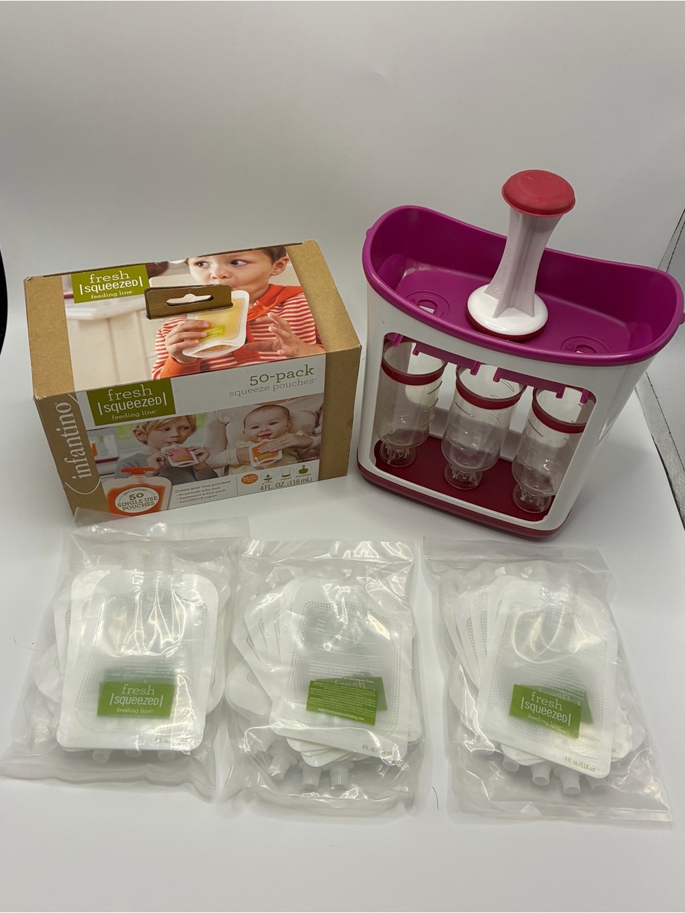 Fresh Squeezed Baby Food Maker and Reusable Pouches in Pink/White with 71 pouche
